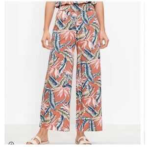 Loft linen blend Birds of Paradise Tropical Pull-on wide leg pants size L NWT